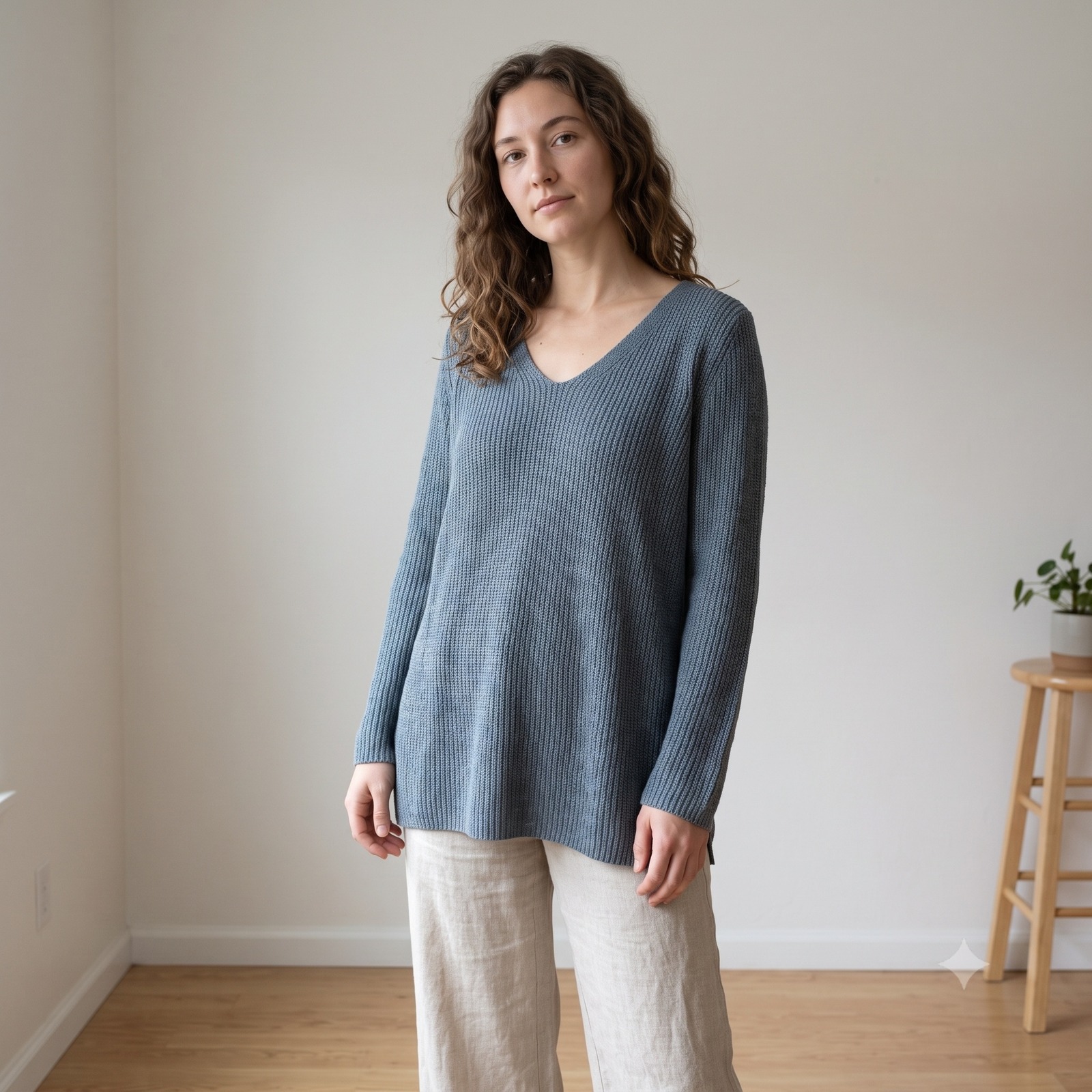 Eileen Fisher Women Sweater L Blue V-Neck Organic Linen Knit Coastal Grandma